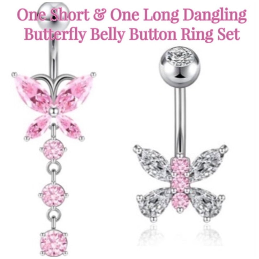 Only $15! Set of 2 Pink Butterfly Belly Button Rings, 1 Stud & 1 Dangle!